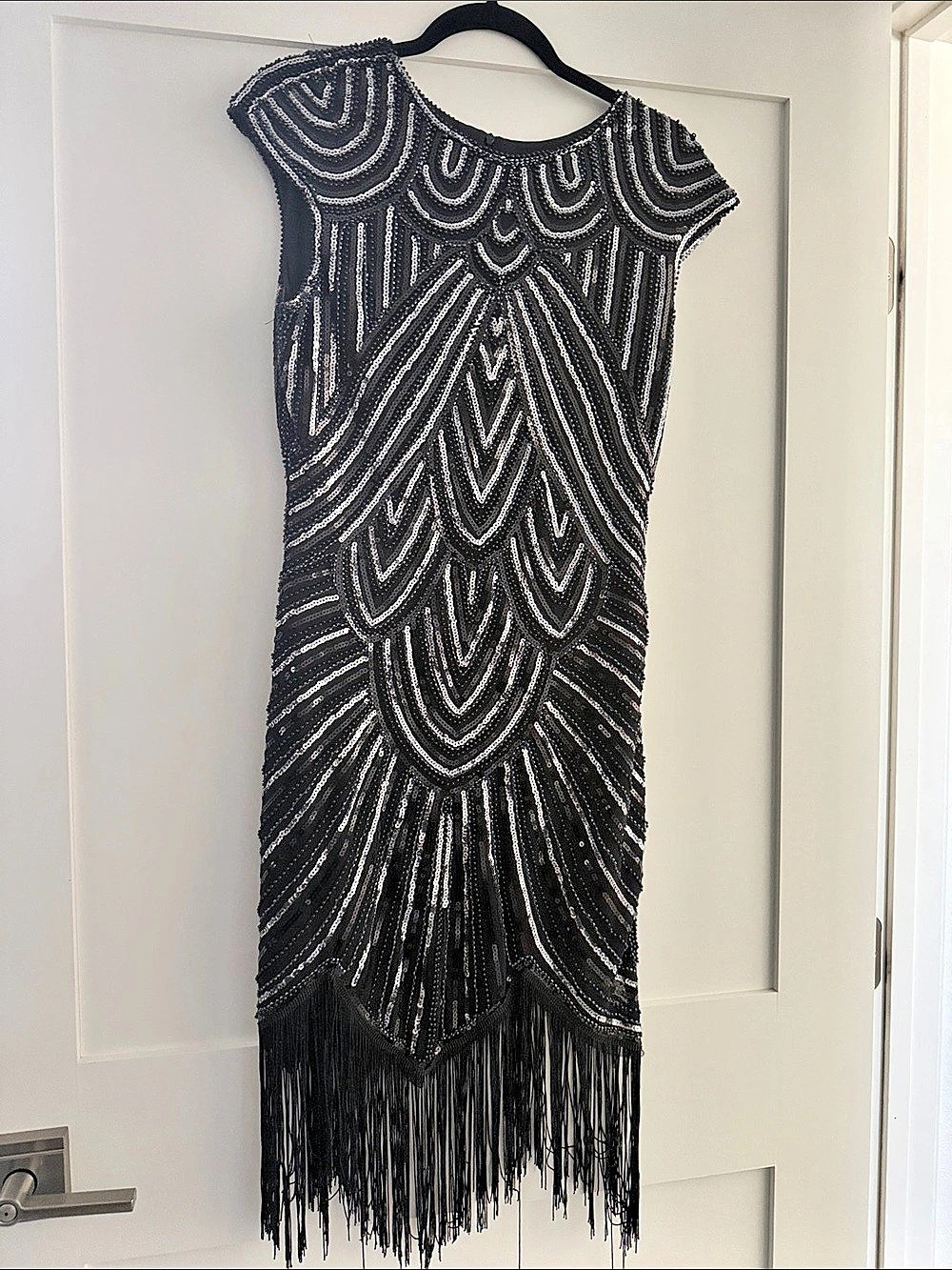 Black & Silver Geometric Fringe Mini Dress Like New